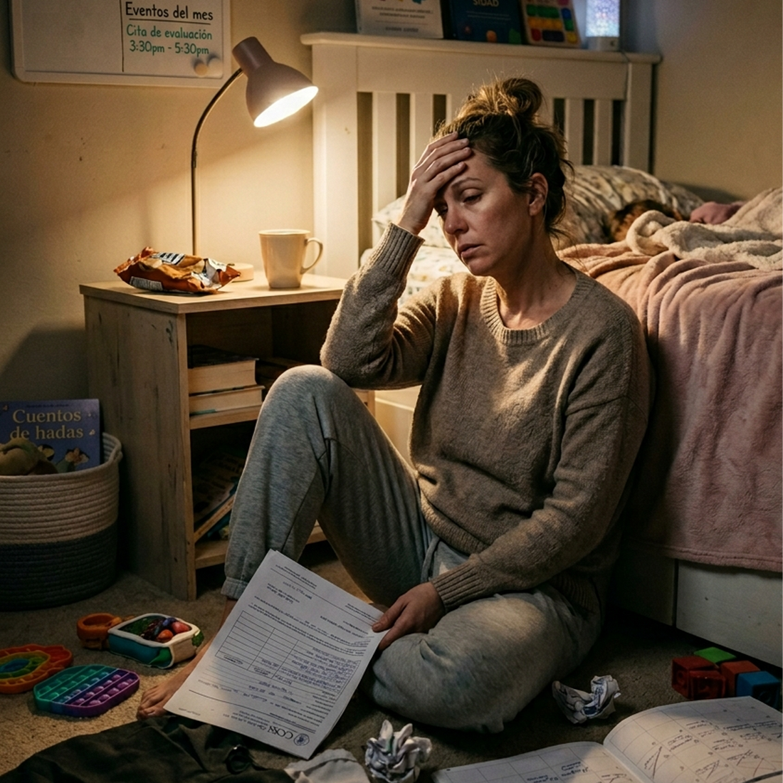 Madre agotada sentada en el suelo junto a su hijo neurodivergente, representando el burnout parental