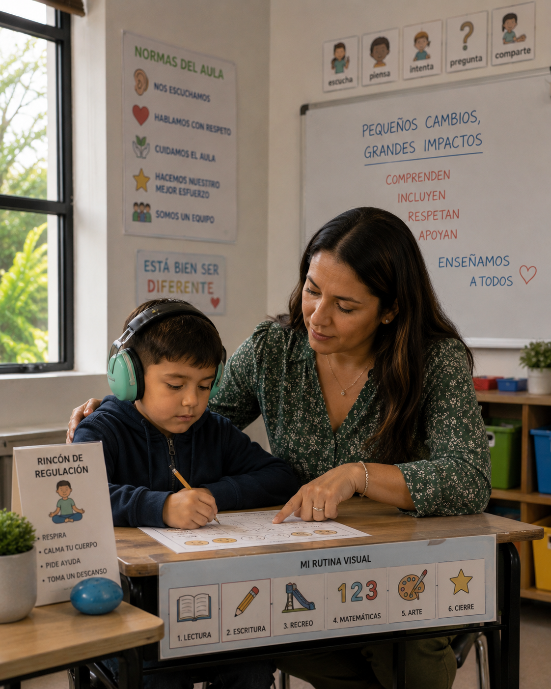 Docente apoyando a estudiante neurodivergente en el aula con estrategias inclusivas