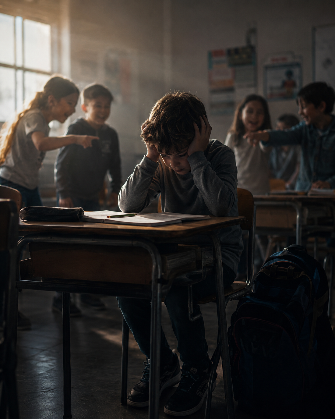 Niño neurodivergente en el aula escolar enfrentando un sistema educativo que no está diseñado para él