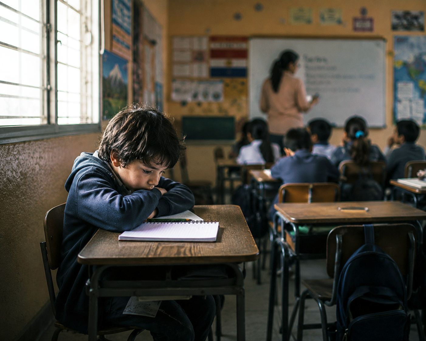 Niño neurodivergente en un aula escolar costarricense, representando la exclusión y discriminación en el sistema educativo
